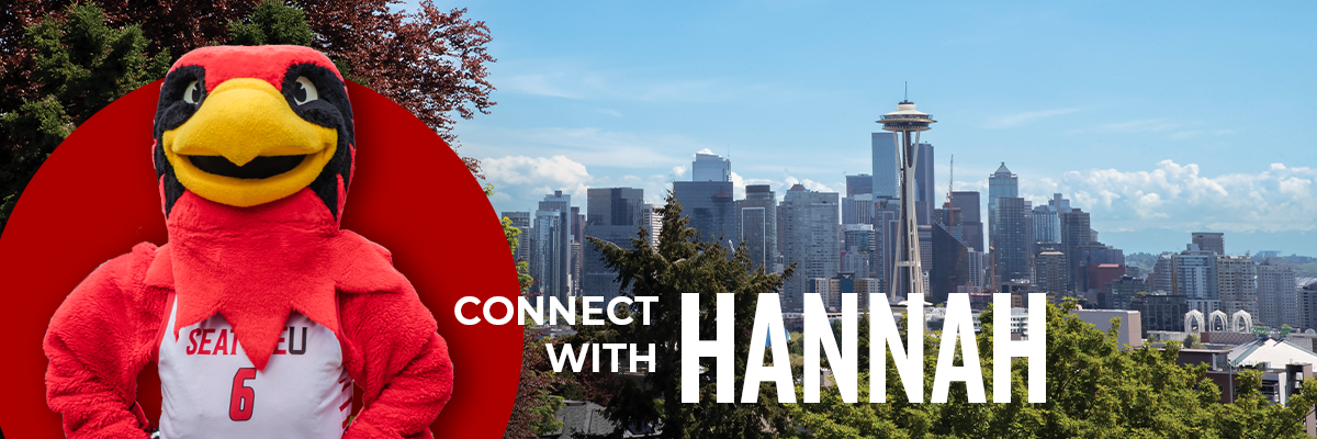 "Connect with Hannah" next to a photo of Rudy the Redhawk