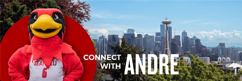 "Connect with Andre" next to a photo of Rudy the Redhawk