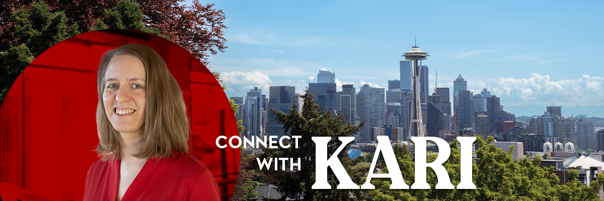 Headshot of Kari Berkas in front of Seattle skyline