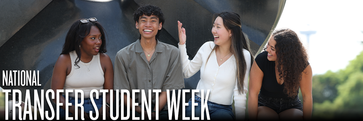 "NATIONAL TRANSFER STUDENT WEEK" over a photo of four students sitting and laughing together.