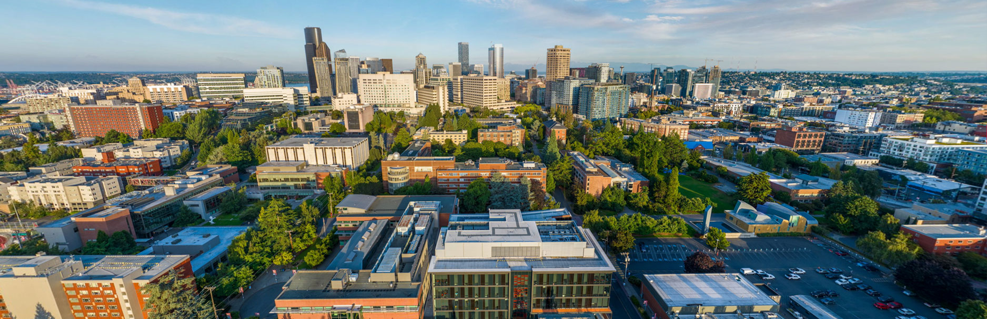 Aerial view of Seattle University's campus in the sunlight