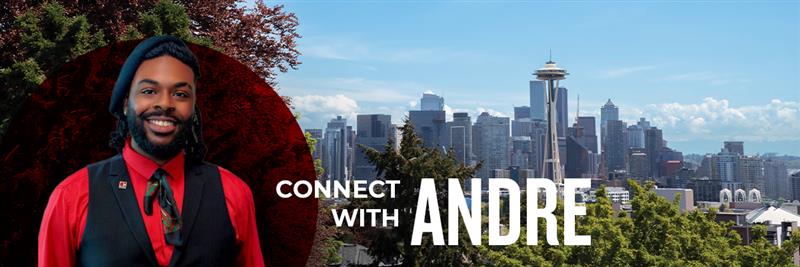 "Connect with Andre" next to a photo of Rudy the Redhawk