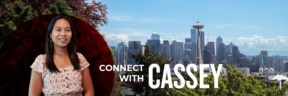 "Connect with Cassey" over a photo of the Seattle skyline