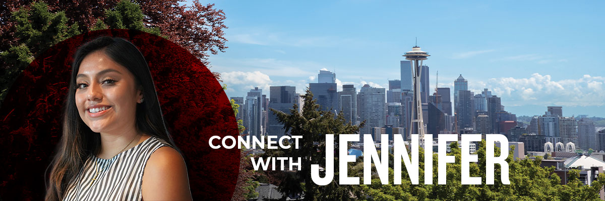 Headshot of Jennifer Bautista in front of Seattle skyline