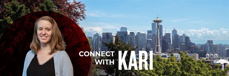 Headshot of Kari Berkas in front of Seattle skyline