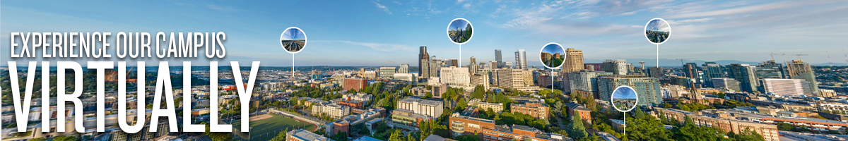 "Experience our Campus Virtually" over an aerial view of campus